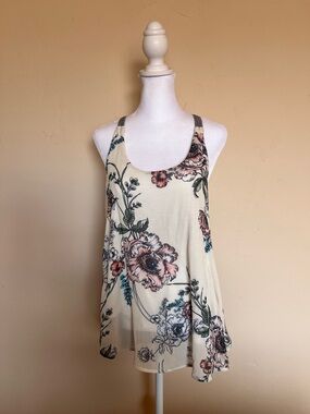 Cream Floral Scoop Neck Tank Top